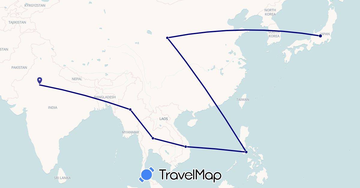 TravelMap itinerary: driving in China, India, Japan, Myanmar (Burma), Philippines, Thailand, Vietnam (Asia)